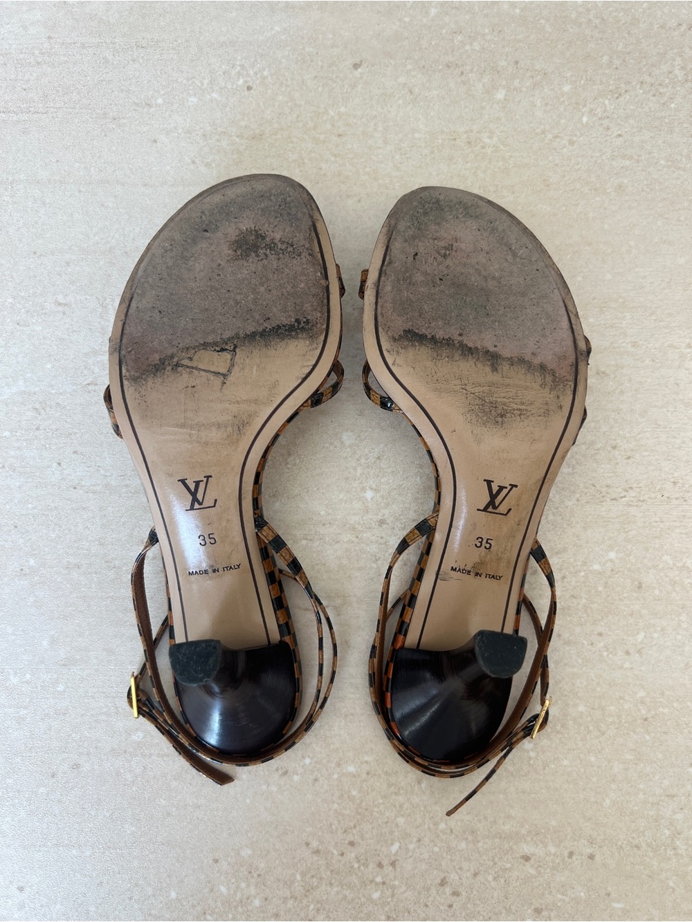 Vintage Louis Vuitton Damier Brown Checkered Strappy Sandals with Gold Accents - Picture 6 of 9